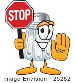 #25282 Clip Art Graphic Of A Salt Shaker Cartoon Character Holding A Stop Sign