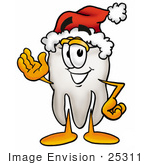 #25311 Clip Art Graphic Of A Human Molar Tooth Character Wearing A Santa Hat And Waving