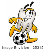 #25315 Clip Art Graphic Of A Human Molar Tooth Character Kicking A Soccer Ball