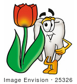 #25326 Clip Art Graphic Of A Human Molar Tooth Character With A Red Tulip Flower In The Spring