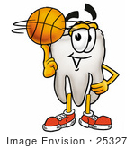 #25327 Clip Art Graphic Of A Human Molar Tooth Character Spinning A Basketball On His Finger