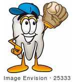 #25333 Clip Art Graphic Of A Human Molar Tooth Character Catching A Baseball With A Glove