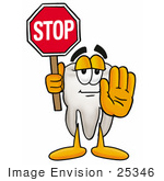 #25346 Clip Art Graphic Of A Human Molar Tooth Character Holding A Stop Sign