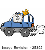 #25352 Clip Art Graphic Of A Human Molar Tooth Character Driving A Blue Car And Waving