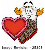 #25353 Clip Art Graphic Of A Human Molar Tooth Character With An Open Box Of Valentines Day Chocolate Candies