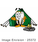 #25372 Clip Art Graphic Of A Human Molar Tooth Character Camping With A Tent And Fire