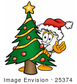 #25374 Clip Art Graphic Of A Human Molar Tooth Character Waving And Standing By A Decorated Christmas Tree