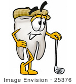 #25376 Clip Art Graphic Of A Human Molar Tooth Character Leaning On A Golf Club While Golfing
