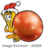#25383 Clip Art Graphic Of A Golden Admission Ticket Character Wearing A Santa Hat Standing With A Christmas Bauble