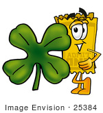 #25384 Clip Art Graphic Of A Golden Admission Ticket Character With A Green Four Leaf Clover On St Paddy’S Or St Patricks Day