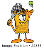 #25386 Clip Art Graphic Of A Golden Admission Ticket Character Preparing To Hit A Tennis Ball
