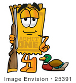 #25391 Clip Art Graphic Of A Golden Admission Ticket Character Duck Hunting Standing With A Rifle And Duck