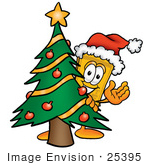 #25395 Clip Art Graphic Of A Golden Admission Ticket Character Waving And Standing By A Decorated Christmas Tree