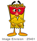 #25401 Clip Art Graphic Of A Golden Admission Ticket Character Wearing A Red Mask Over His Face