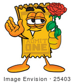 #25403 Clip Art Graphic Of A Golden Admission Ticket Character Holding A Red Rose On Valentines Day