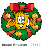 #25412 Clip Art Graphic Of A Golden Admission Ticket Character In The Center Of A Christmas Wreath