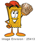 #25413 Clip Art Graphic Of A Golden Admission Ticket Character Catching A Baseball With A Glove