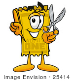 #25414 Clip Art Graphic Of A Golden Admission Ticket Character Holding A Pair Of Scissors