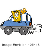 #25416 Clip Art Graphic Of A Golden Admission Ticket Character Driving A Blue Car And Waving