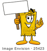 #25423 Clip Art Graphic Of A Golden Admission Ticket Character Holding A Blank Sign