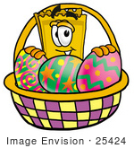 #25424 Clip Art Graphic Of A Golden Admission Ticket Character In An Easter Basket Full Of Decorated Easter Eggs