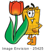 #25425 Clip Art Graphic Of A Golden Admission Ticket Character With A Red Tulip Flower In The Spring