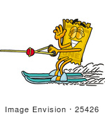 #25426 Clip Art Graphic Of A Golden Admission Ticket Character Waving While Water Skiing