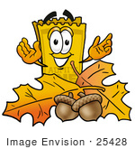#25428 Clip Art Graphic Of A Golden Admission Ticket Character With Autumn Leaves And Acorns In The Fall