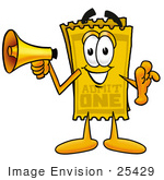 #25429 Clip Art Graphic Of A Golden Admission Ticket Character Holding A Megaphone