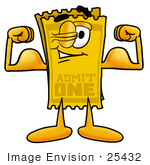 #25432 Clip Art Graphic Of A Golden Admission Ticket Character Flexing His Arm Muscles