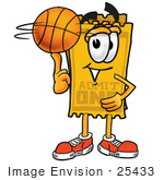 #25433 Clip Art Graphic Of A Golden Admission Ticket Character Spinning A Basketball On His Finger