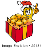 #25434 Clip Art Graphic Of A Golden Admission Ticket Character Standing By A Christmas Present