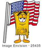 #25435 Clip Art Graphic Of A Golden Admission Ticket Character Pledging Allegiance To An American Flag