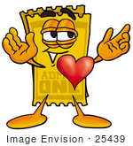 #25439 Clip Art Graphic Of A Golden Admission Ticket Character With His Heart Beating Out Of His Chest