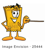 #25444 Clip Art Graphic Of A Golden Admission Ticket Character Holding A Pointer Stick