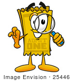 #25446 Clip Art Graphic Of A Golden Admission Ticket Character Looking Through A Magnifying Glass