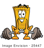 #25447 Clip Art Graphic Of A Golden Admission Ticket Character Lifting A Heavy Barbell