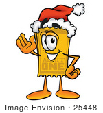 #25448 Clip Art Graphic Of A Golden Admission Ticket Character Wearing A Santa Hat And Waving
