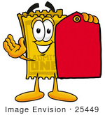 #25449 Clip Art Graphic Of A Golden Admission Ticket Character Holding A Red Sales Price Tag