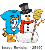 #25490 Clip Art Graphic of a Blue Short Sleeved T Shirt Character With a Snowman on Christmas by toons4biz