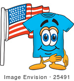 #25491 Clip Art Graphic Of A Blue Short Sleeved T Shirt Character Pledging Allegiance To An American Flag