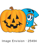 #25494 Clip Art Graphic Of A Blue Short Sleeved T Shirt Character With A Carved Halloween Pumpkin