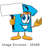 #25498 Clip Art Graphic Of A Blue Short Sleeved T Shirt Character Holding A Blank Sign