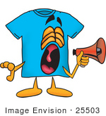 #25503 Clip Art Graphic Of A Blue Short Sleeved T Shirt Character Screaming Into A Megaphone