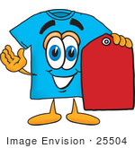 #25504 Clip Art Graphic Of A Blue Short Sleeved T Shirt Character Holding A Red Sales Price Tag