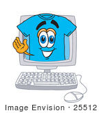 #25512 Clip Art Graphic Of A Blue Short Sleeved T Shirt Character Waving From Inside A Computer Screen