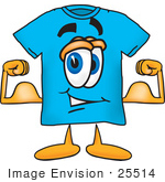 #25514 Clip Art Graphic Of A Blue Short Sleeved T Shirt Character Flexing His Arm Muscles