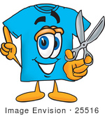 #25516 Clip Art Graphic Of A Blue Short Sleeved T Shirt Character Holding A Pair Of Scissors