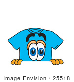 #25518 Clip Art Graphic Of A Blue Short Sleeved T Shirt Character Peeking Over A Surface