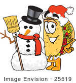 #25519 Clip Art Graphic Of A Crunchy Hard Taco Character With A Snowman On Christmas
